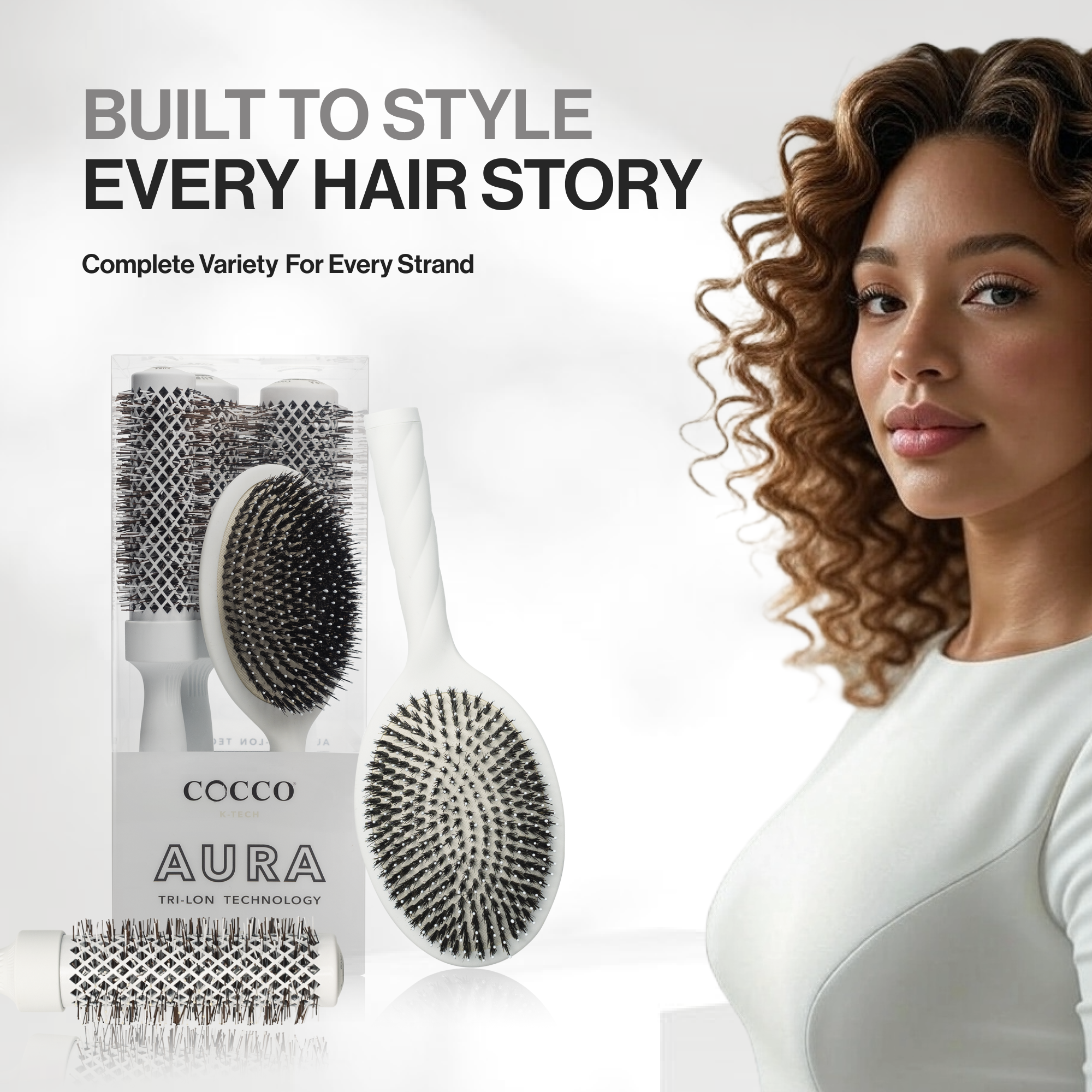 Hair Styling & Smooth Finish Bundle – with Cocco Aura Brush Set (White)+ Cocco Hair Perfecting Serum 3.4 oz