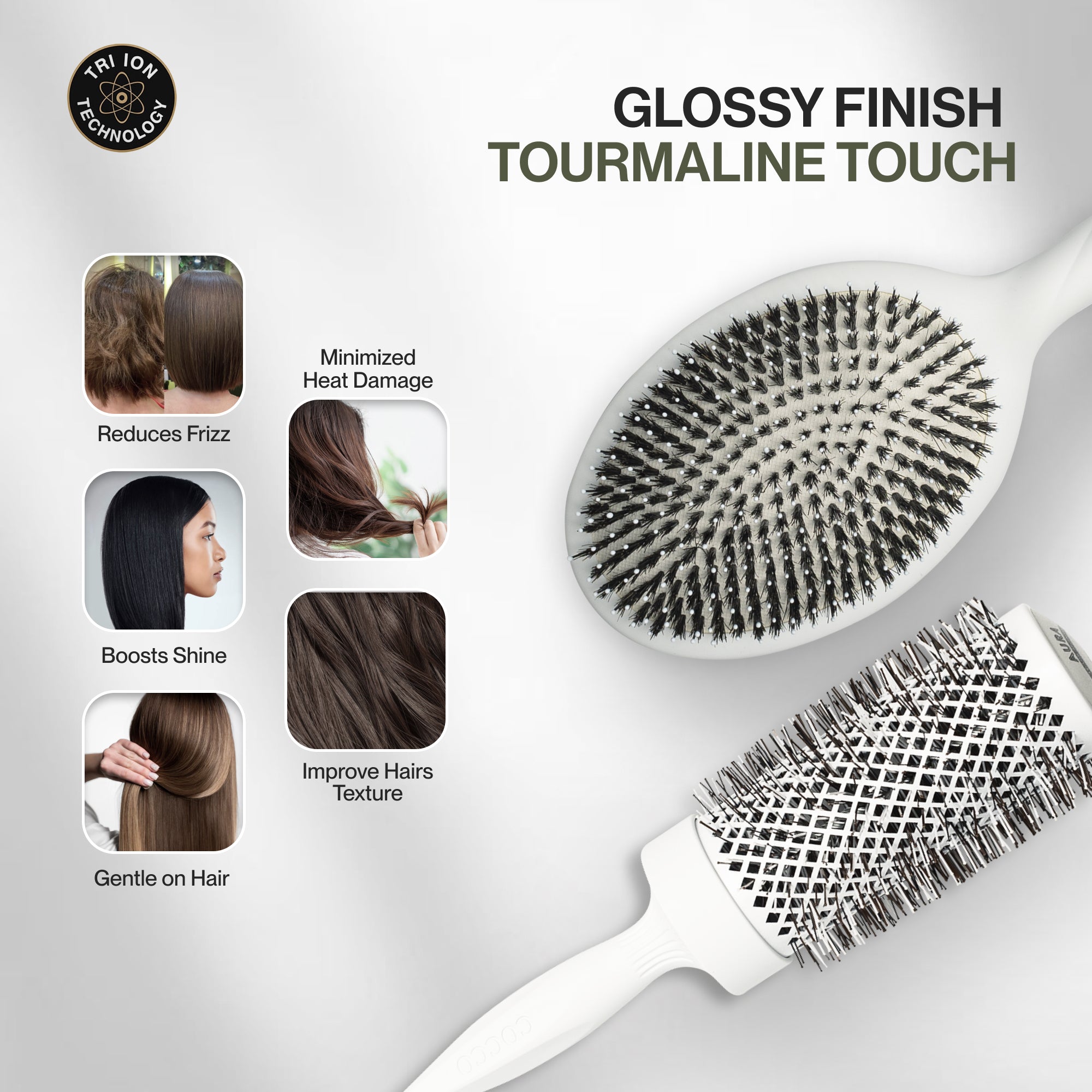 Hair Styling & Smooth Finish Bundle – with Cocco Aura Brush Set (White)+ Cocco Hair Perfecting Serum 3.4 oz