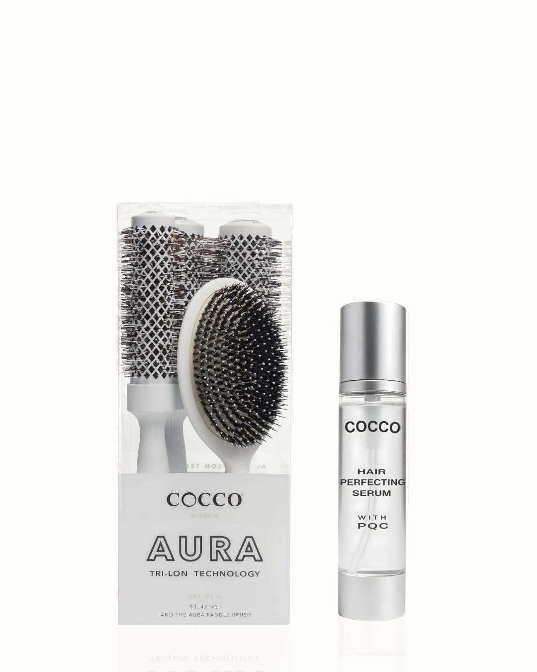 Hair Styling & Smooth Finish Bundle – with Cocco Aura Brush Set (White)+ Cocco Hair Perfecting Serum 3.4 oz