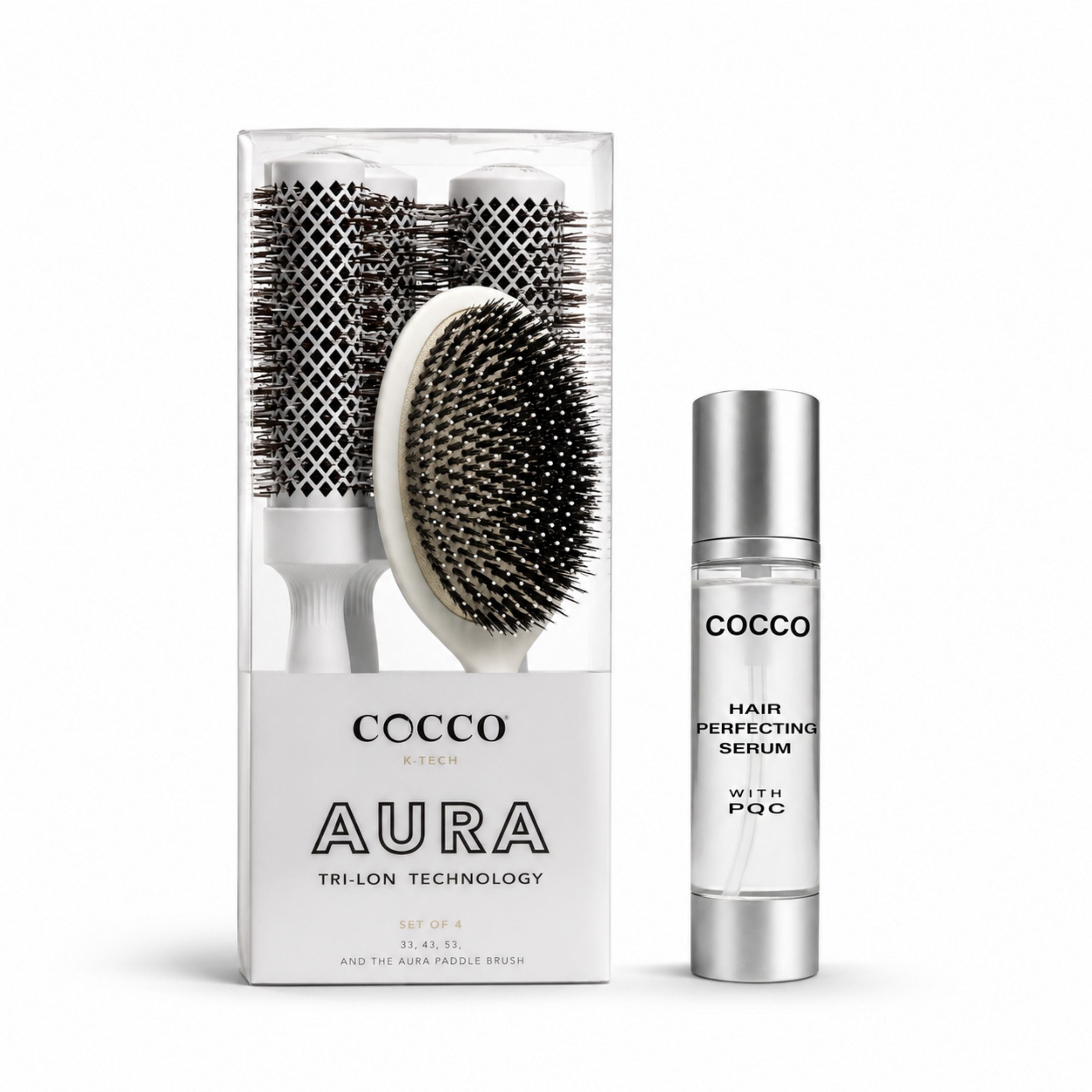 Hair Styling & Smooth Finish Bundle –  with COCCO® Aura Brush Set (White)+ COCCO® Hair Perfecting Serum 3.4 oz