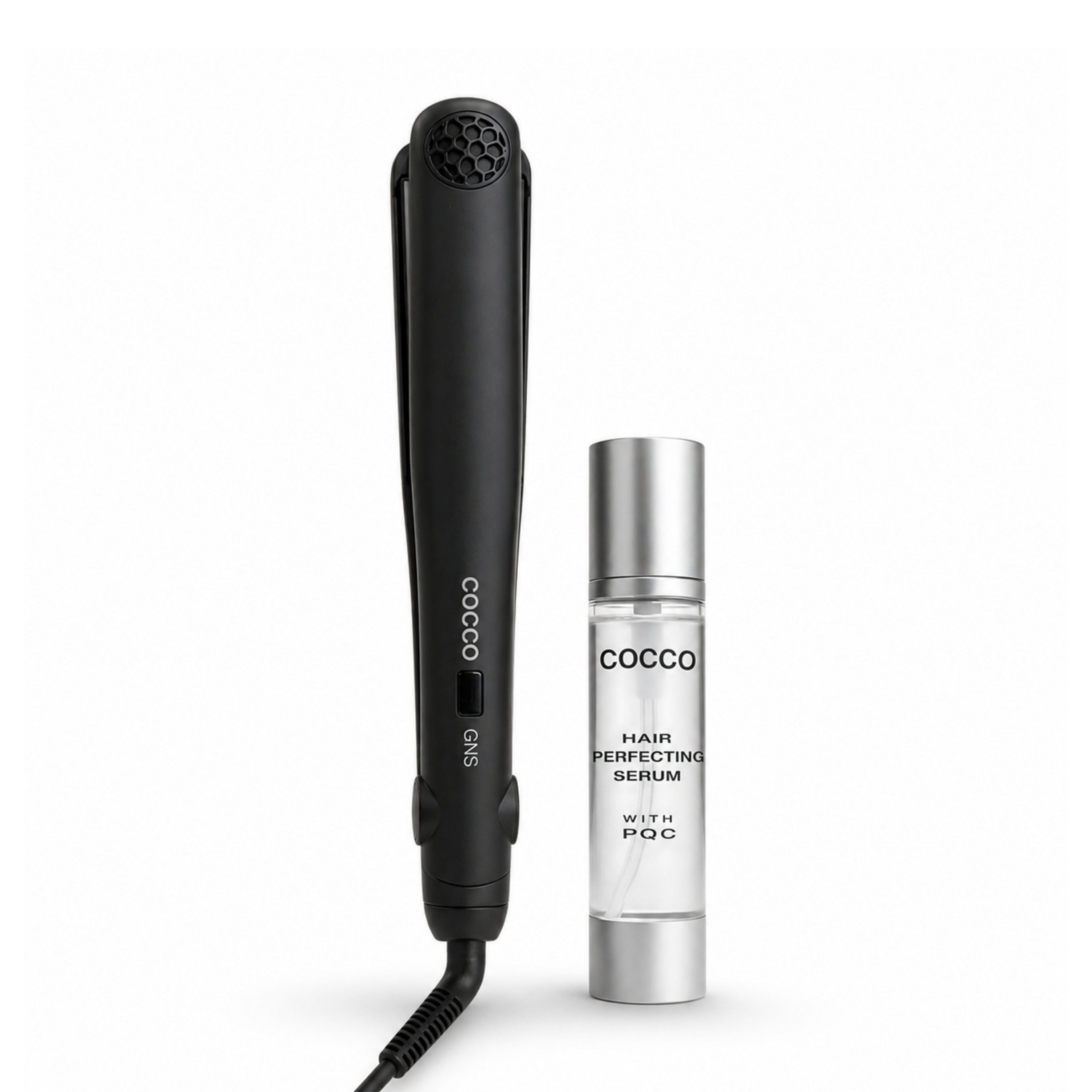 COCCO® GNS 1.25 Inch Flat Iron V3 and Hair Perfecting Serum Bundle with Nano GNS Triplex Technology, Anti Frizz Shine, Heat Protectant and UV Protection