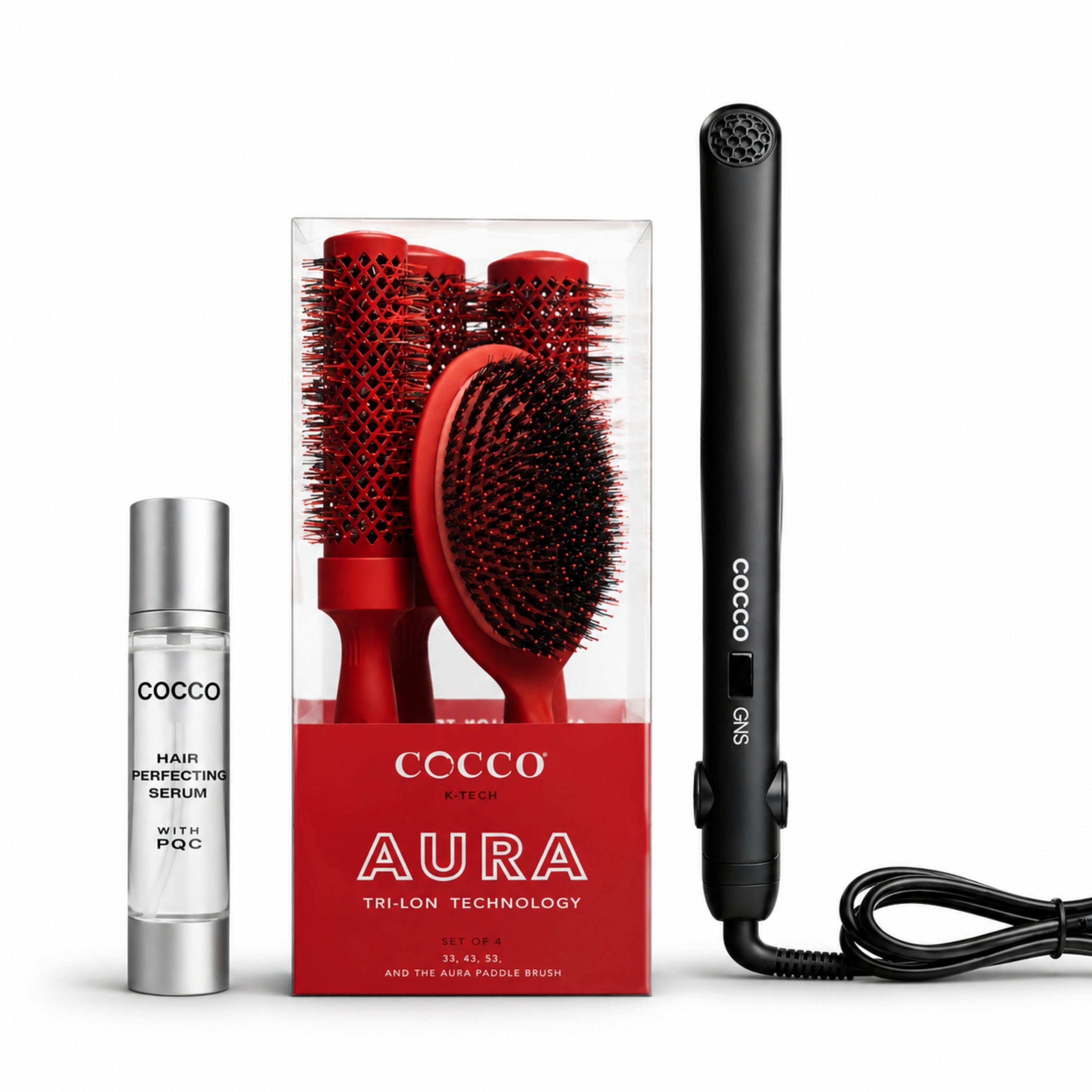 COCCO® GNS 1″ Flat Iron V3, Aura Brush Set & Hair Perfecting Serum Bundle – Professional Nano Styling Tools & Anti-Frizz Serum for Smooth, Shiny, Salon Hair