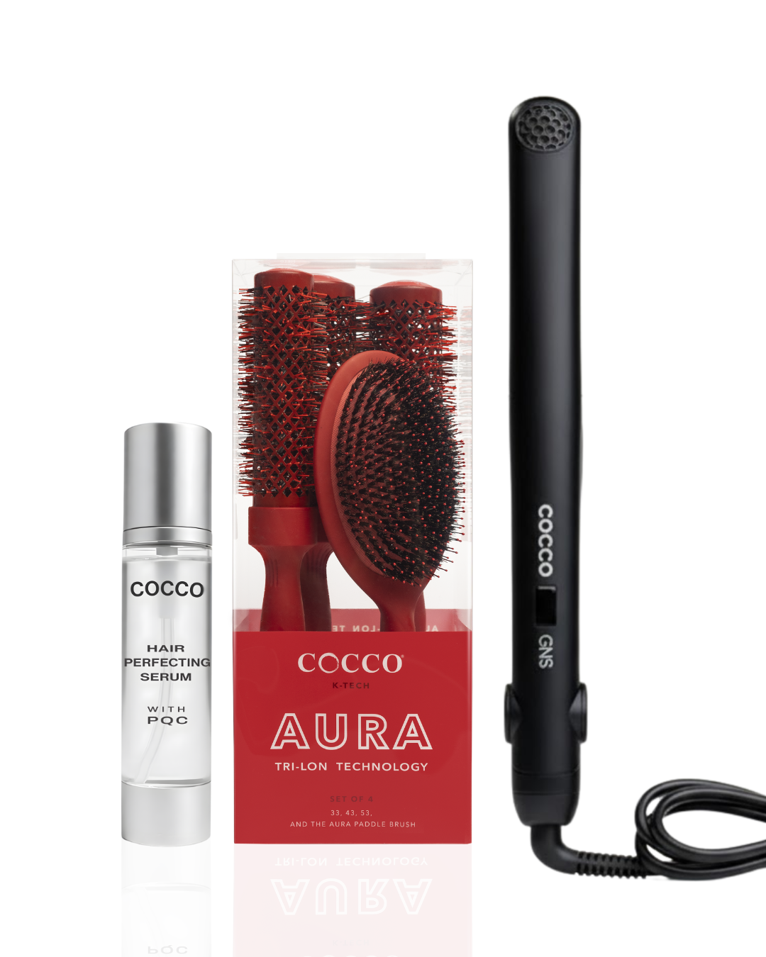 Cocco GNS 1″ Flat Iron V3, Aura Brush Set & Hair Perfecting Serum Bundle – Professional Nano Styling Tools & Anti-Frizz Serum for Smooth, Shiny, Salon Hair