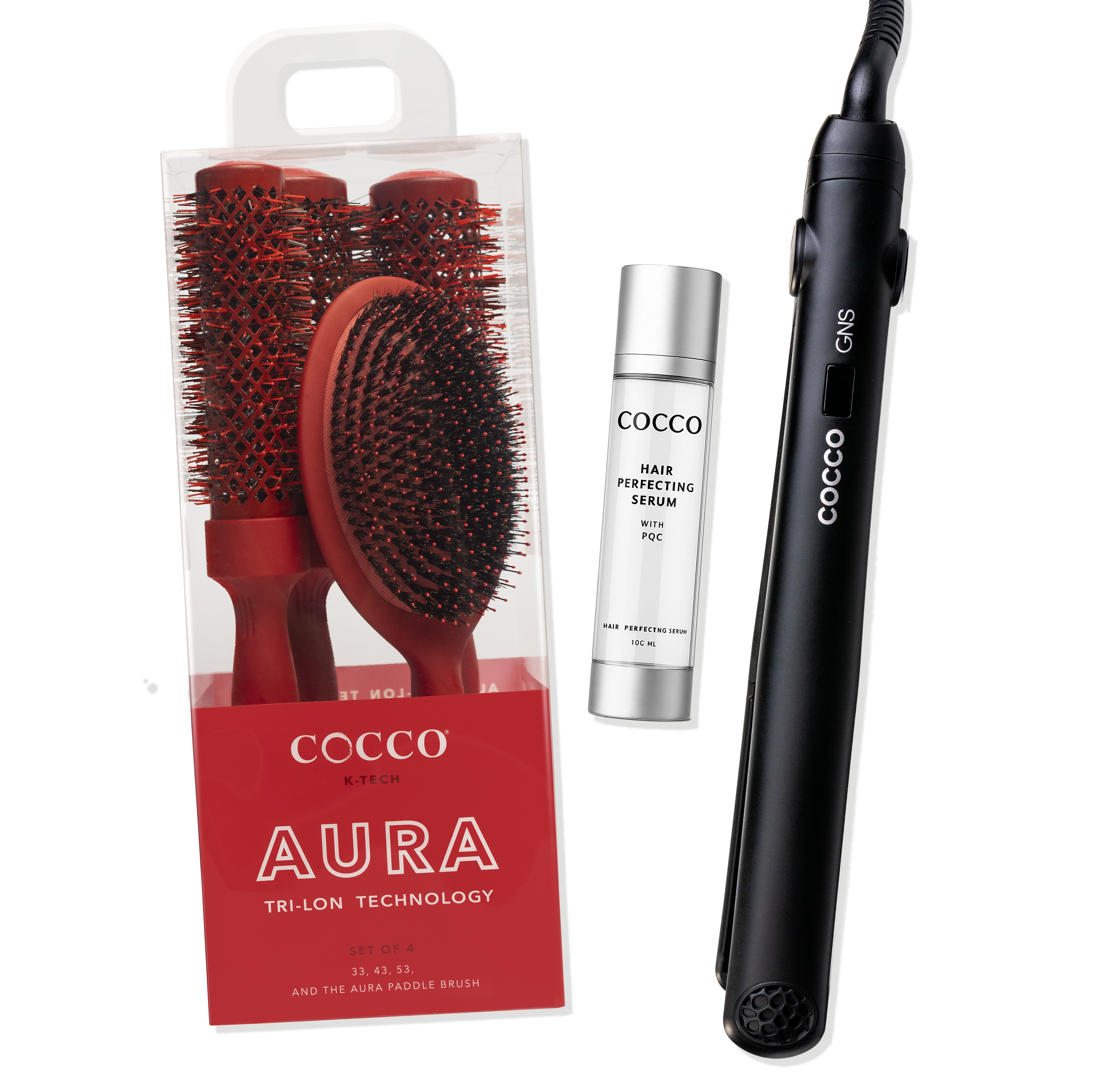 COCCO® GNS 1″ Flat Iron V3, Aura Brush Set & Hair Perfecting Serum Bundle – Professional Nano Styling Tools & Anti-Frizz Serum for Smooth, Shiny, Salon Hair