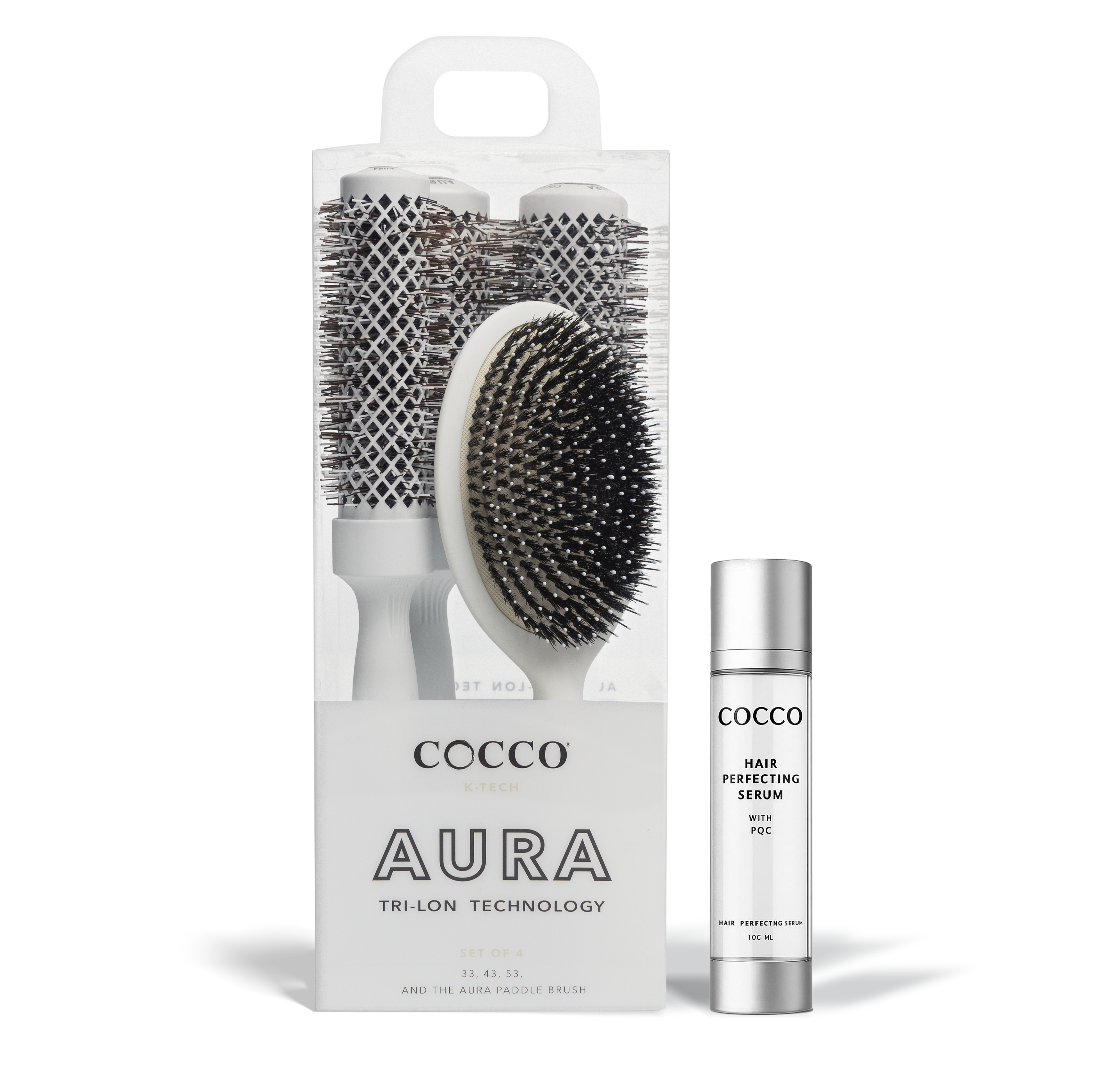 Hair Styling & Smooth Finish Bundle –  with COCCO® Aura Brush Set (White)+ COCCO® Hair Perfecting Serum 3.4 oz